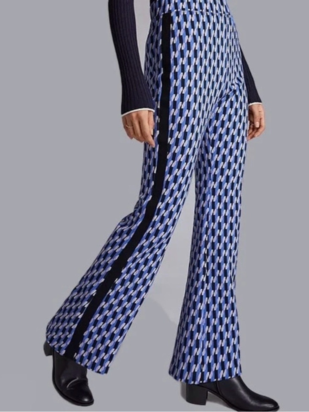 Anthropologie Blue Geometric Boot‑Cut Pants with Black Side Stripe